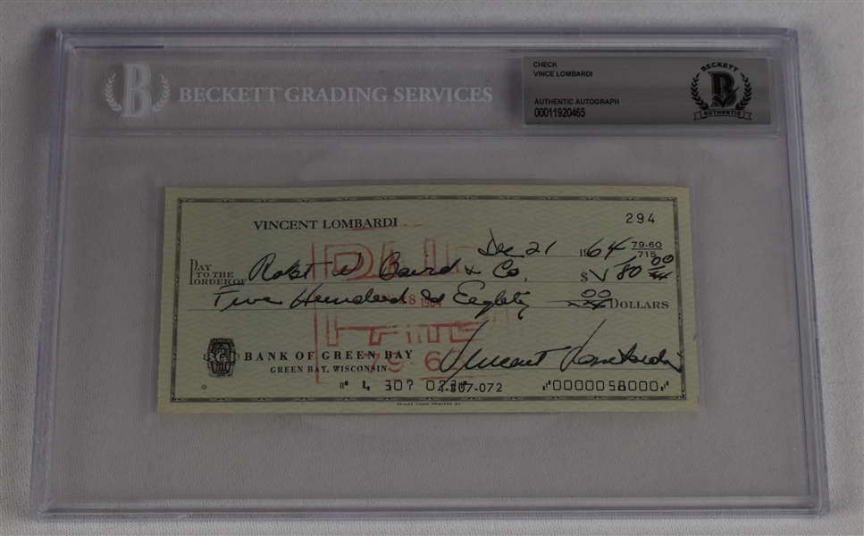 Vince Lombardi Signed 1964 Personal Check #294 BGS Authentic