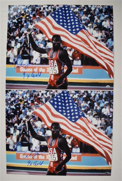 Carl Lewis Lot of 2 Autographed & Inscribed 16x20 Olympic Photos 