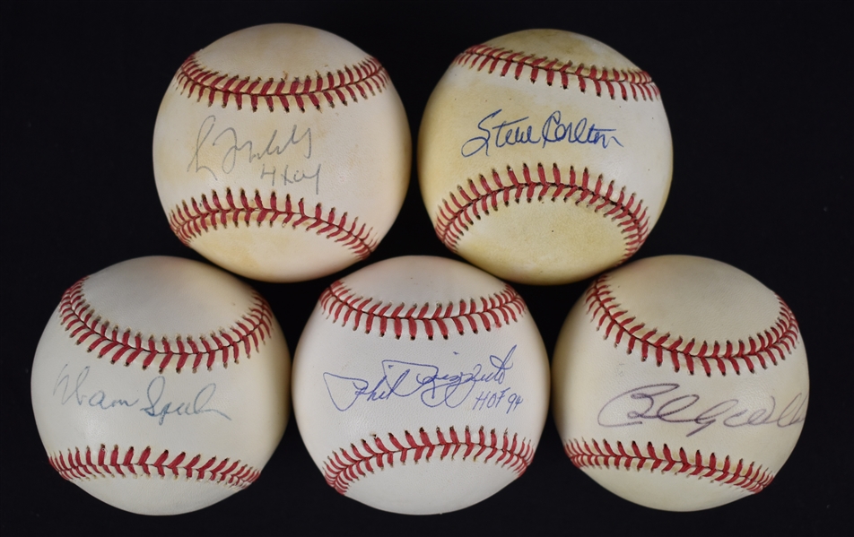 Greg Maddux Billy Williams Phil Rizzuto Warren Spahn & Steve Carlton Lot of 5 Autographed Baseballs