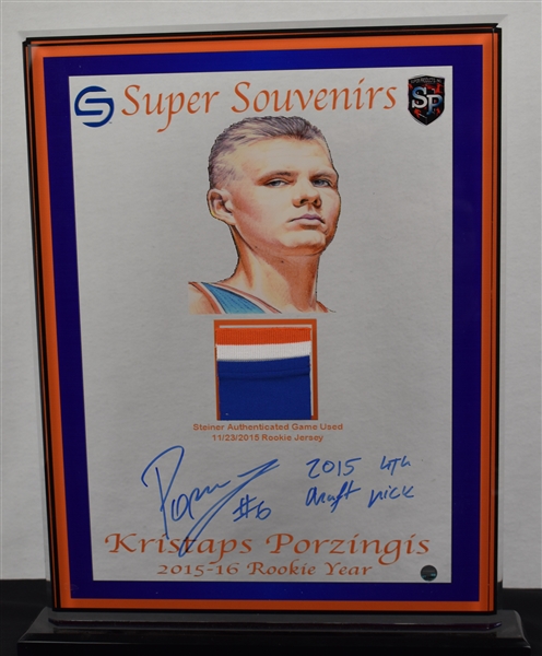 Kristaps Porzingis Autographed & Inscribed Game Used Jersey Patch Clear Display