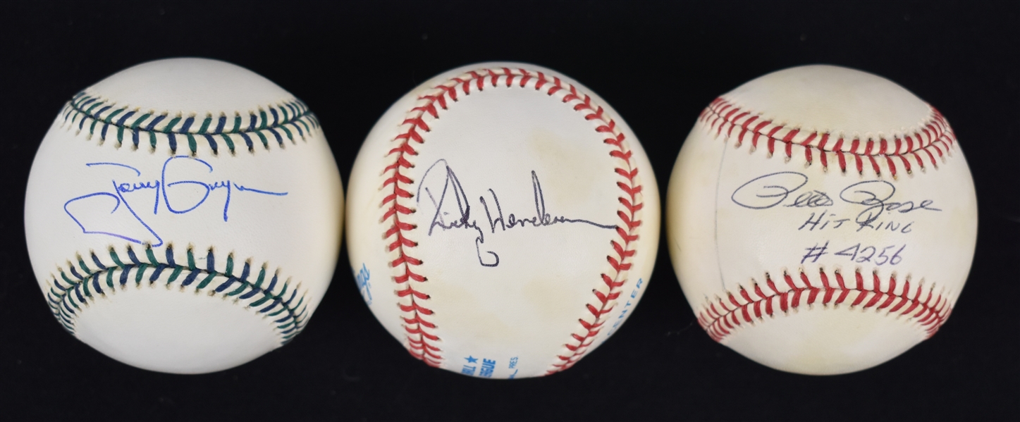 Tony Gwynn Pete Rose & Rickey Henderson Autographed Baseballs w/Puckett Family Provenance