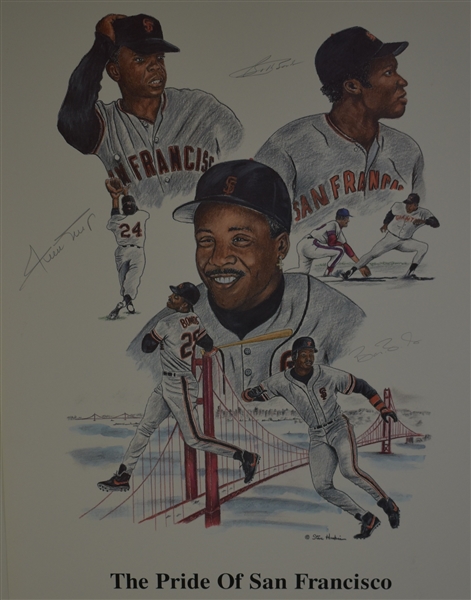 Willie Mays Barry Bonds & Bobby Bonds Autographed Lithograph