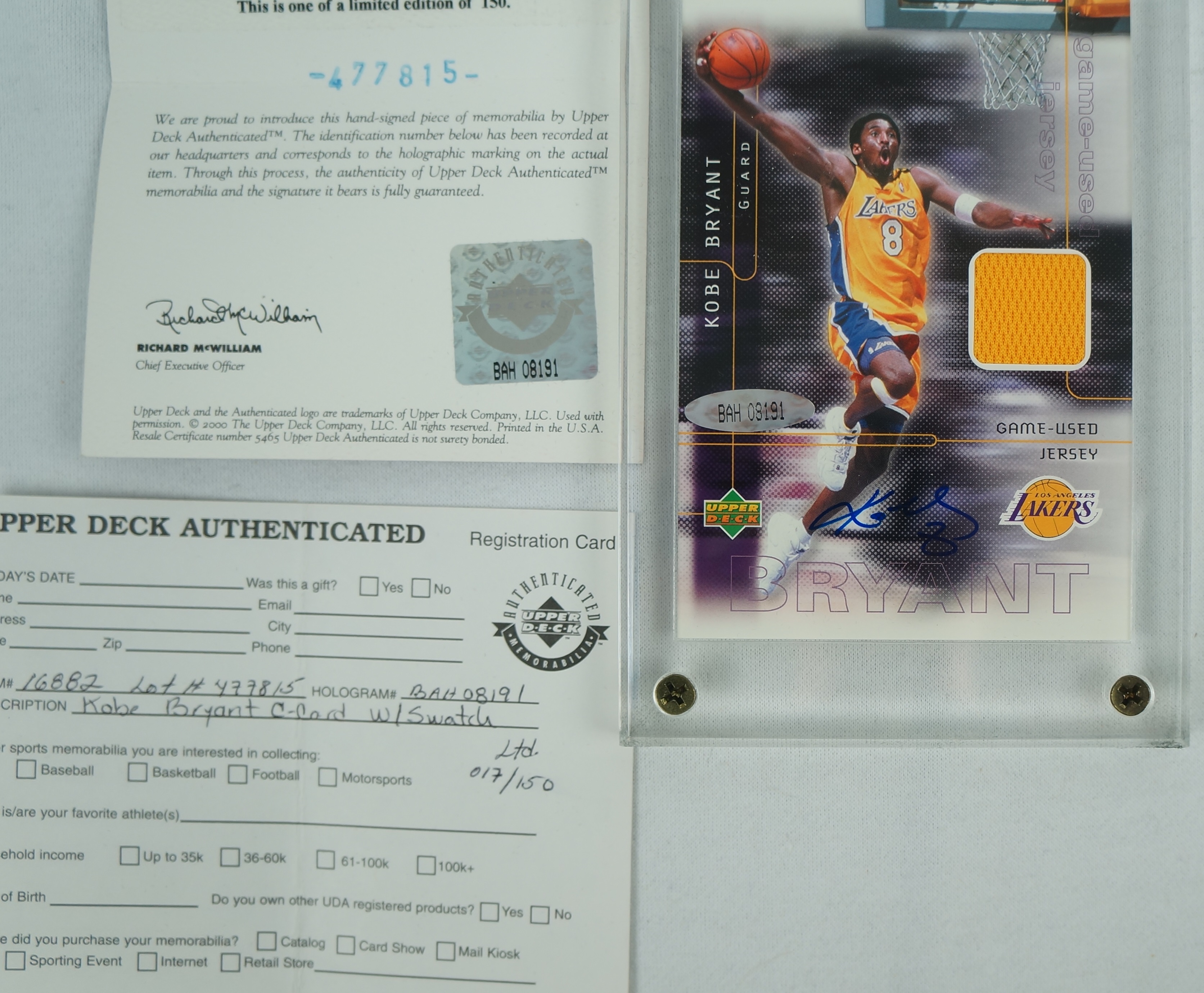Kobe Bryant Upper Deck Game Jersey Card Limited Edition 317/750 Mint COA