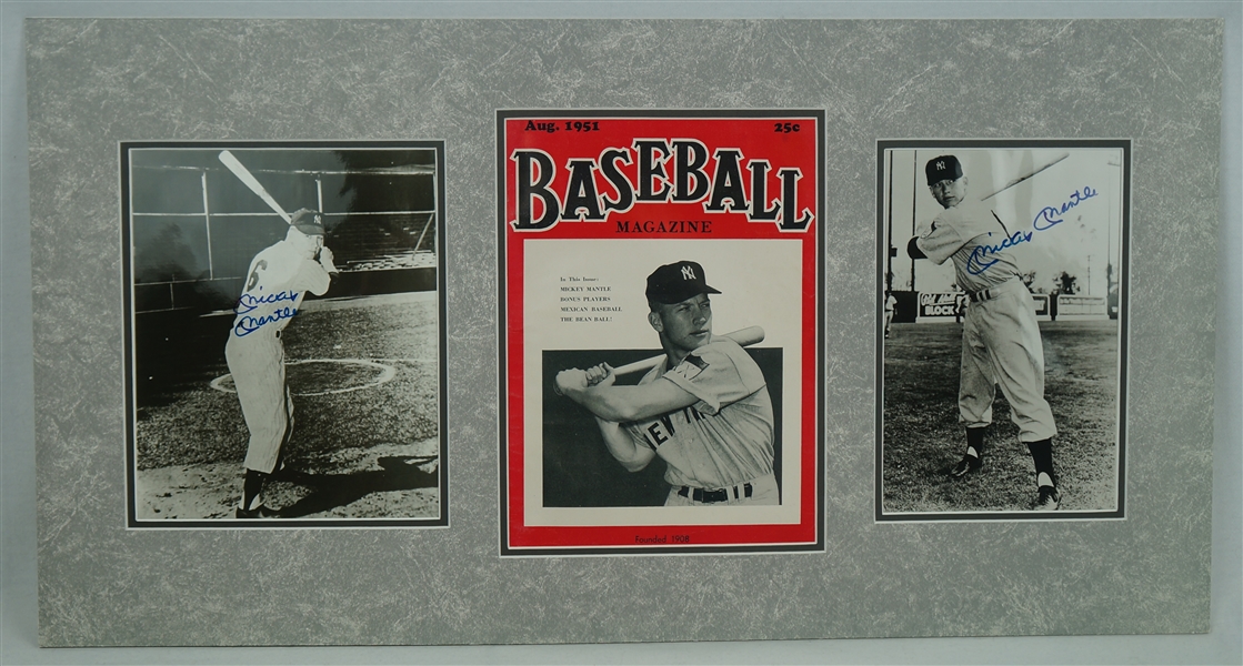 Mickey Mantle Autographed Rookie Display w/2 Signed 8x10 Photos & 1951 Baseball Magazine