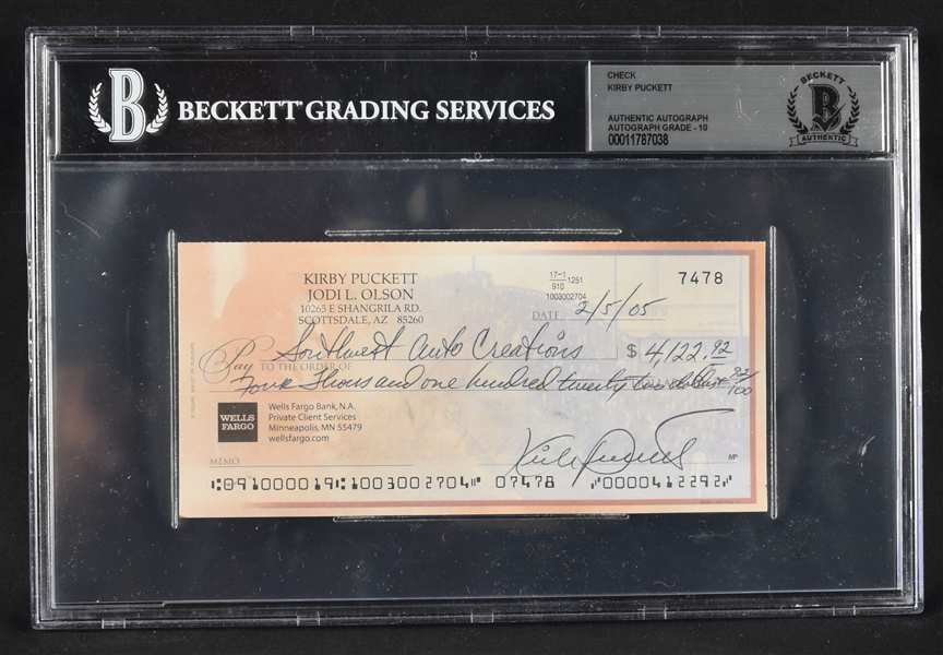 Kirby Puckett Signed Personal Check w/Autograph Graded BGS 10 