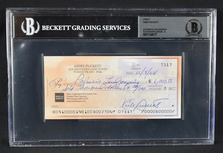 Kirby Puckett Signed Personal Check w/Autograph Graded BGS 9