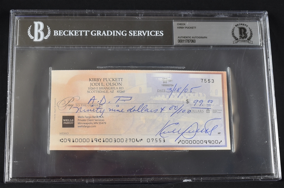 Kirby Puckett Signed Personal Check BGS Authenticated