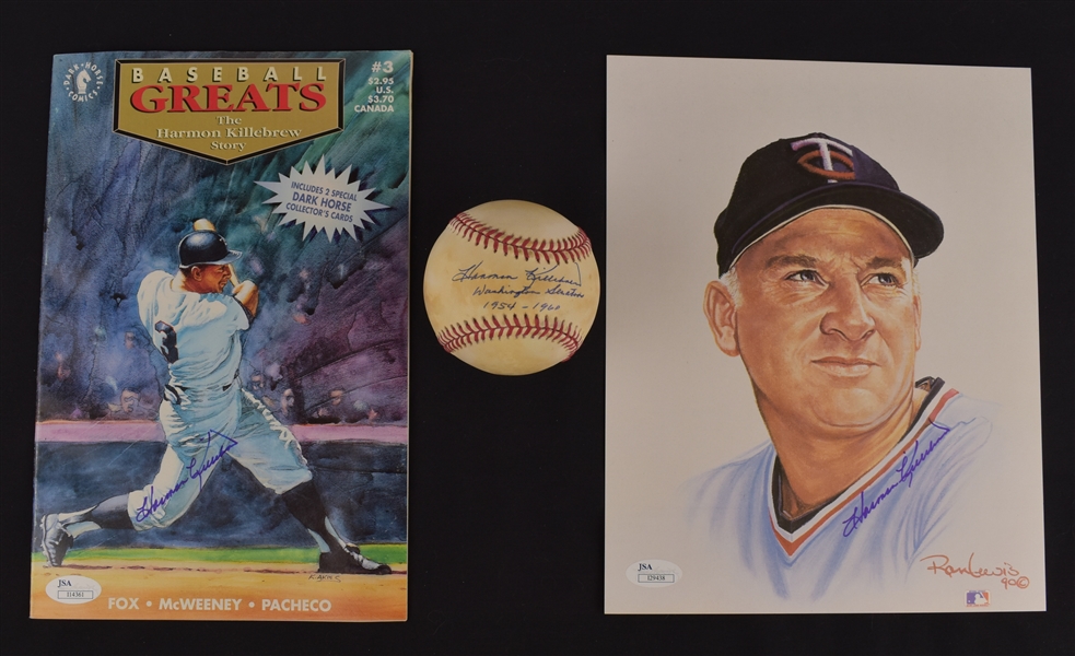 Harmon Killebrew Lot of 3 Autographed 8x10 Photo Magazine & Inscribed Baseball JSA