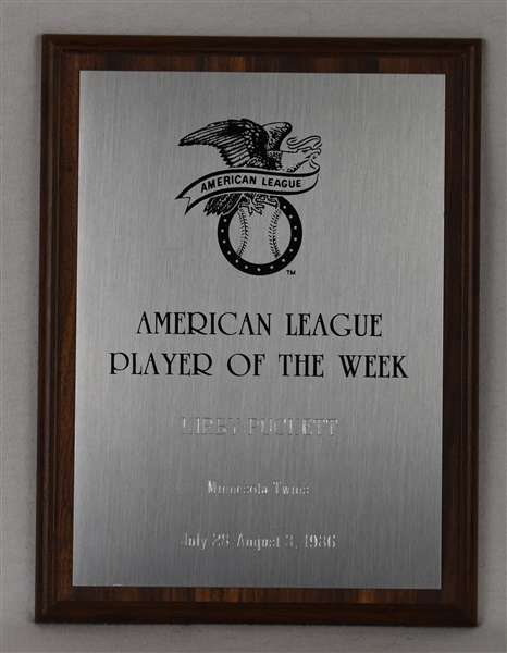 Kirby Pucketts August 1986 Player of the Week Award w/Puckett Family Provenance