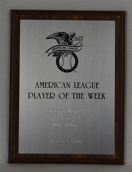 Kirby Pucketts April 1986 Player of the Week Award w/Puckett Family Provenance