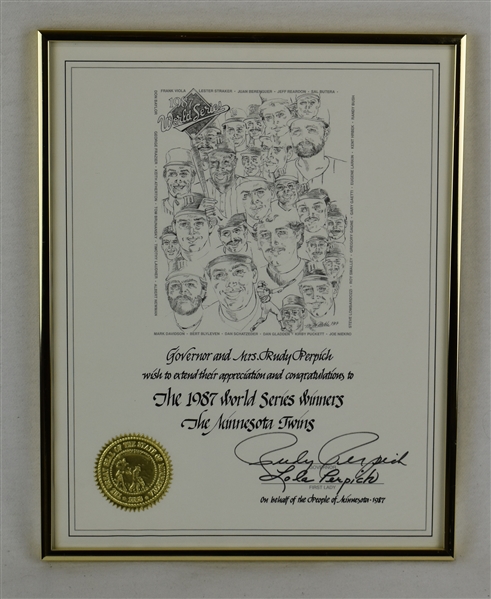 Kirby Puckett 1987 Rudy Perpich Award w/Puckett Family Provenance