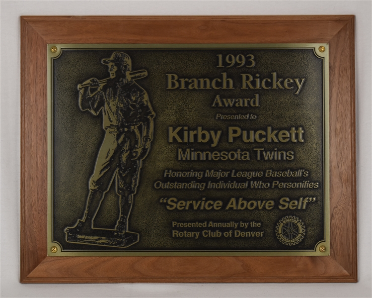 Kirby Puckett 1993 Branch Rickey Award w/Puckett Family Provenance