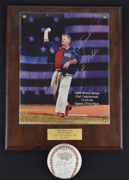 Carl Yastrzemski Autographed 1st Pitch 2004 World Series Photo Plaque & Baseball