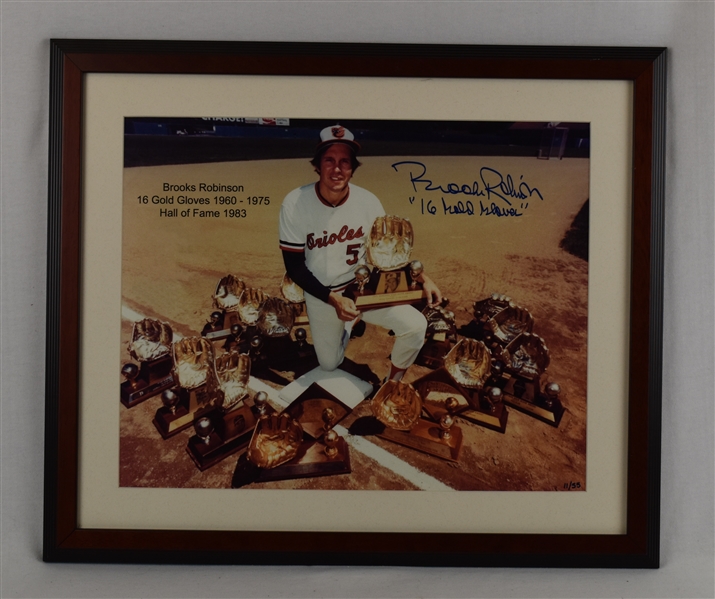 Brooks Robinson Autographed 16x20 Framed Gold Gloves Photo