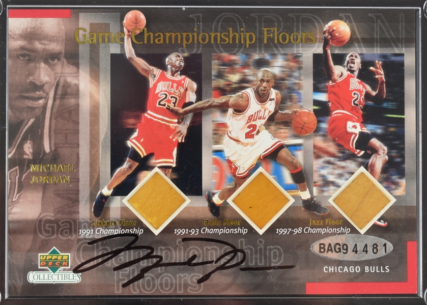 Michael Jordan Autographed Game Used Bulls Lakers & Jazz 3 Floor Limited Edition Card UDA