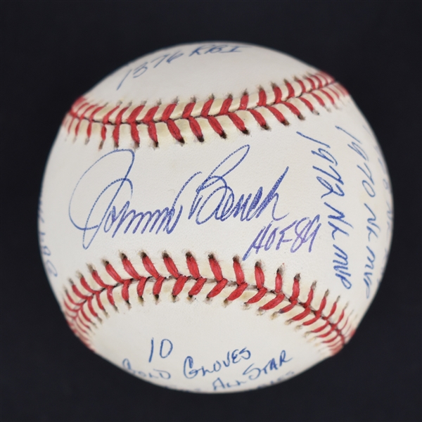 Johnny Bench Autographed & Multi Inscribed Stat Baseball