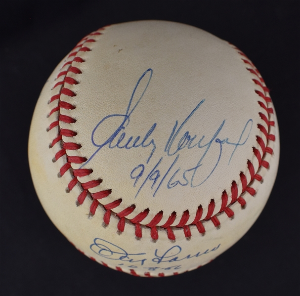 Sandy Koufax Don Larsen Catfish Hunter & Jim Bunning Autographed & Inscribed Perfect Game Baseball