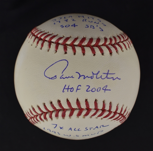 Paul Molitor Autographed & Multi Inscribed Stat Baseball