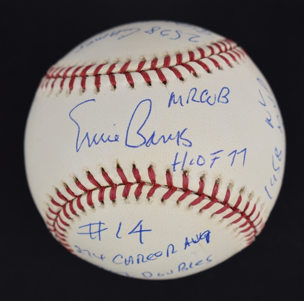 Ernie Banks Autographed & Multi Inscribed Stat Baseball