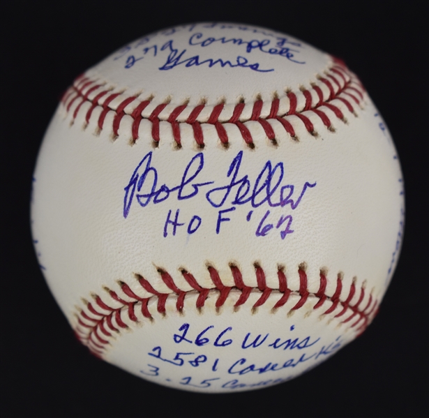 Bob Feller Autographed & Multi Inscribed Stat Baseball