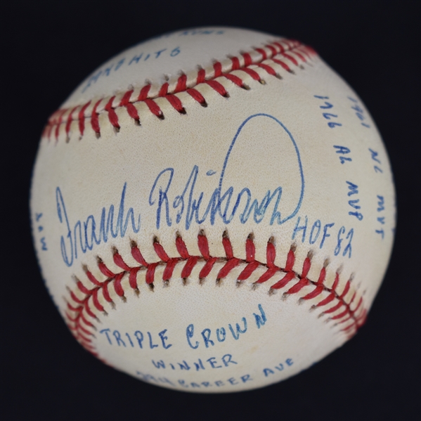 Frank Robinson Autographed & Multi Inscribed Stat Baseball
