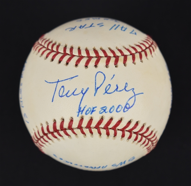 Tony Perez Autographed & Multi Inscribed Stat Baseball