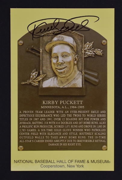 Kirby Puckett Autographed Gold HOF Plaque Postcard 