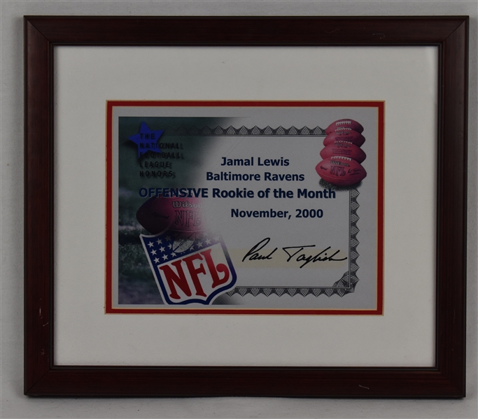 Jamal Lewis Autographed & Inscribed 2000 NFL Rookie of the Month Award