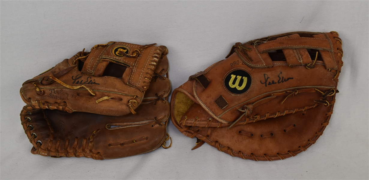 Lee Elia Lot of 2 Game Used & Autographed Fielding Gloves