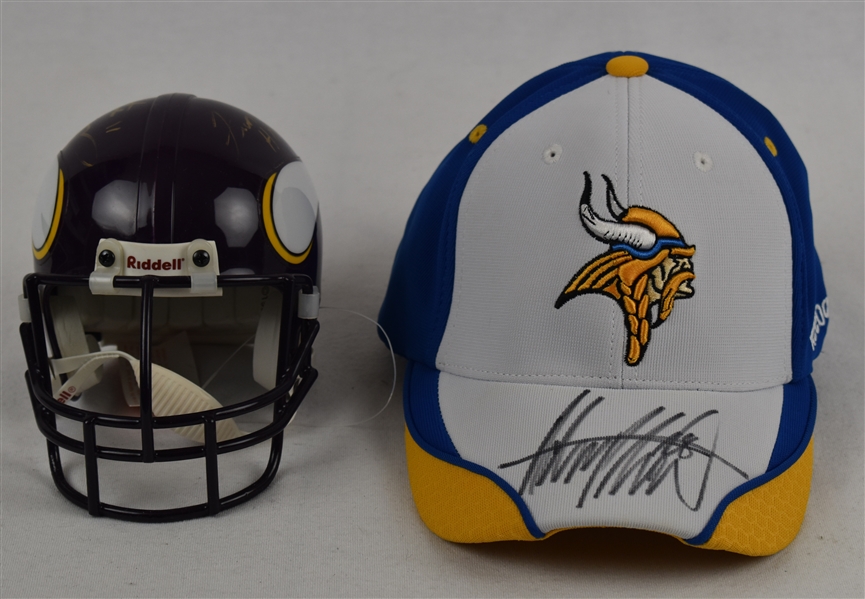 Adrian Peterson Autographed Hat & Fran Tarkenton/Daunte Culpepper Dual Signed Mini Helmet