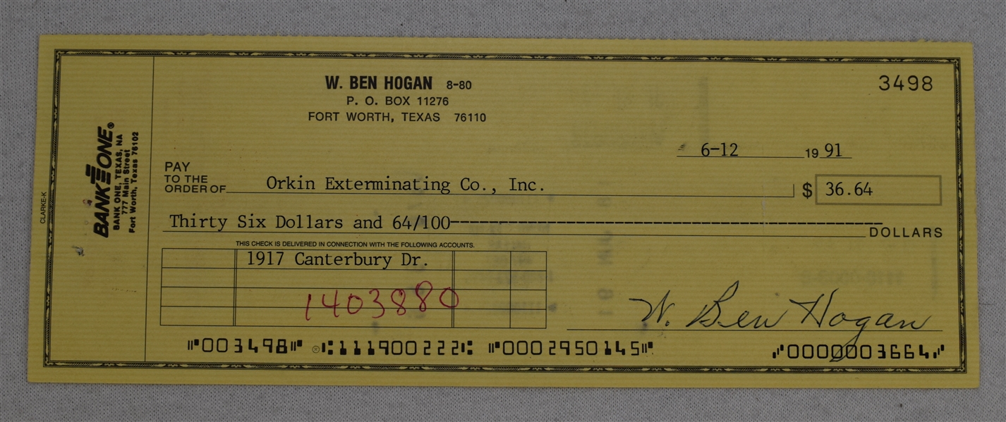 Ben Hogan 1991 Signed Check