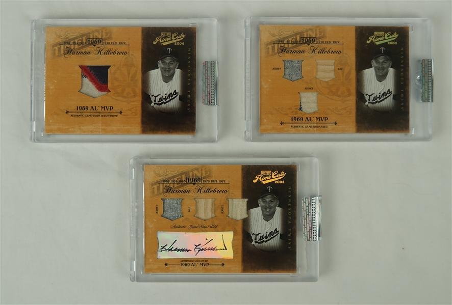 Harmon Killebrew Lot of 3 Game Used & Autographed 2004 Playoff Prime Cuts Limited Edition Cards /3