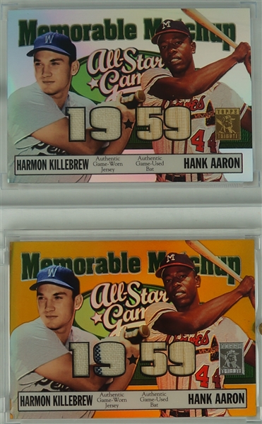 Harmon Killebrew Both variations of Topps 2003 Memorable Matchup Cards with Jerseys swatches from Killebrew and Hank Aaron