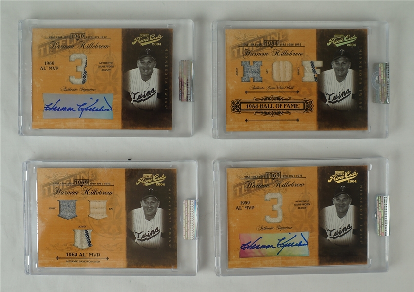 Harmon Killebrew Lot of 4 Game Used & Autographed 2004 Prime Cuts Cards Each Numbered /3