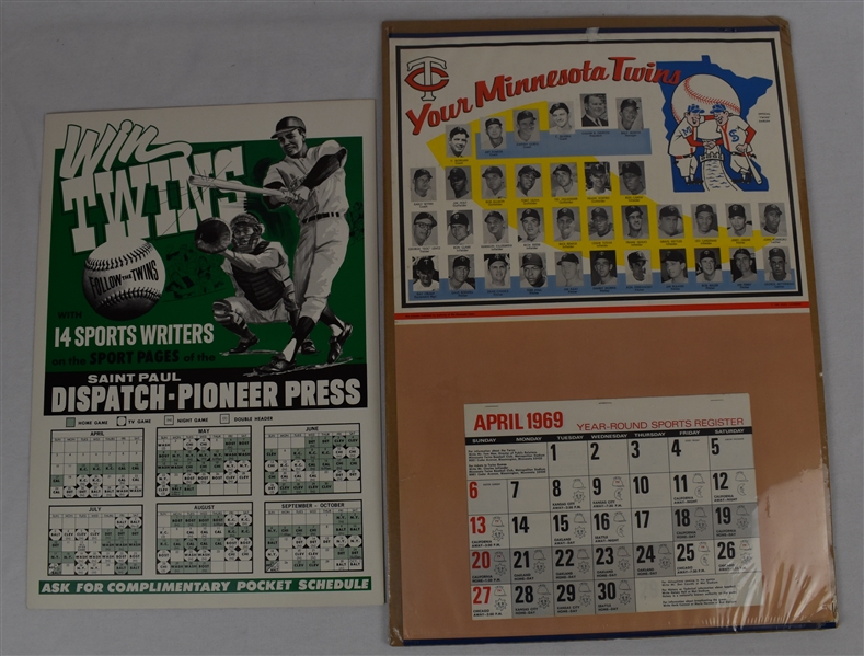 Vintage lot of 2 Minnesota Twins 1969 & 1971 Season Calendars