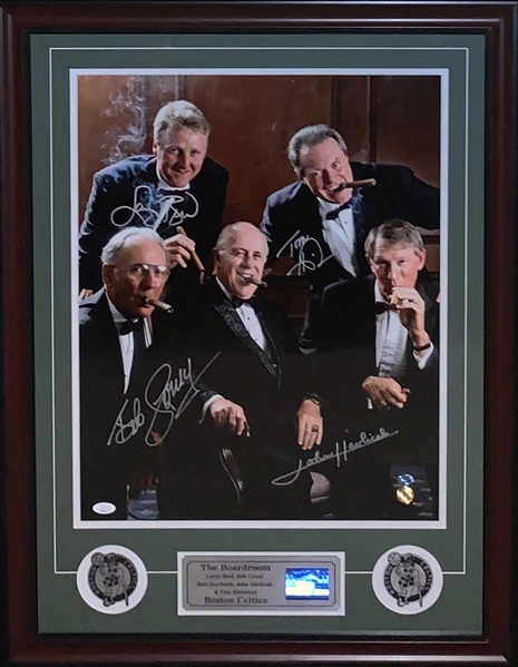 Larry Bird John Havlicek Tom Heinson & Bob Cousy Autographed & Custom Framed Boston Celtics 26x28 "The Boardroom" Photograph Display W/Video