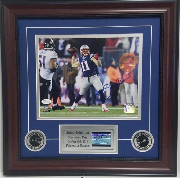 Julian Edelman Autographed & Custom Framed New England Patriots 18x18 "TD Pass" Photograph Display w/Video