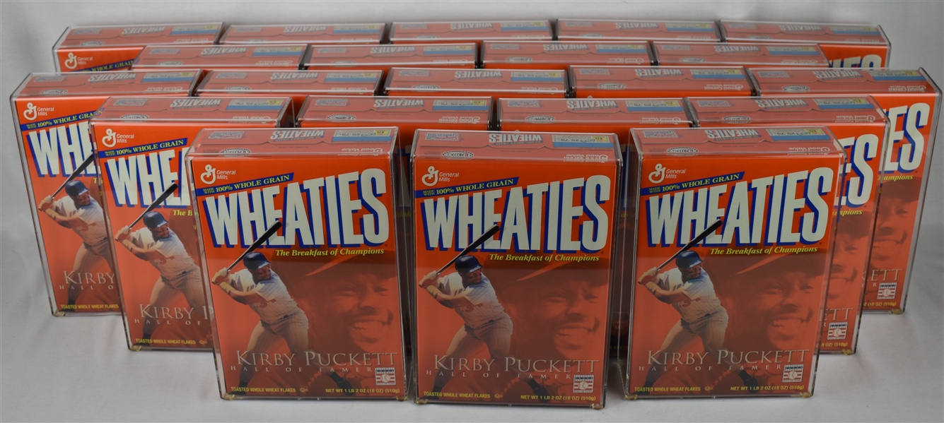 Kirby Puckett & Dave Winfield Lot 21 Wheaties Boxes With Cases & Puckett Family Provenance