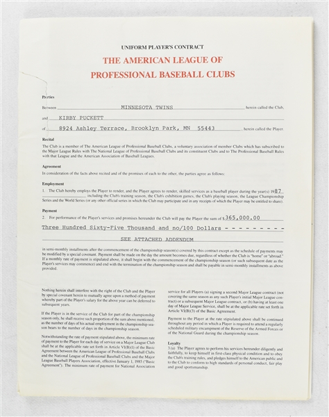 Kirby Puckett Copy of 1987 Players Contract w/Puckett Family Provenance 
