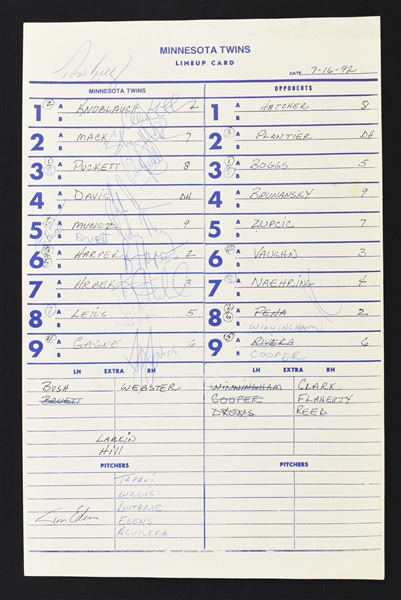 Minnesota Twins 1992 Autographed Line-Up Card w/Kirby Puckett
