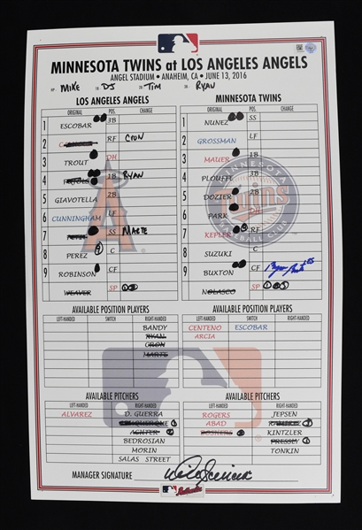 Twins vs. Angels Game Used 6/13/16 Lineup Autographed by Byron Buxton (1st Rookie/3rd Career HR) & Mike Scioscia 