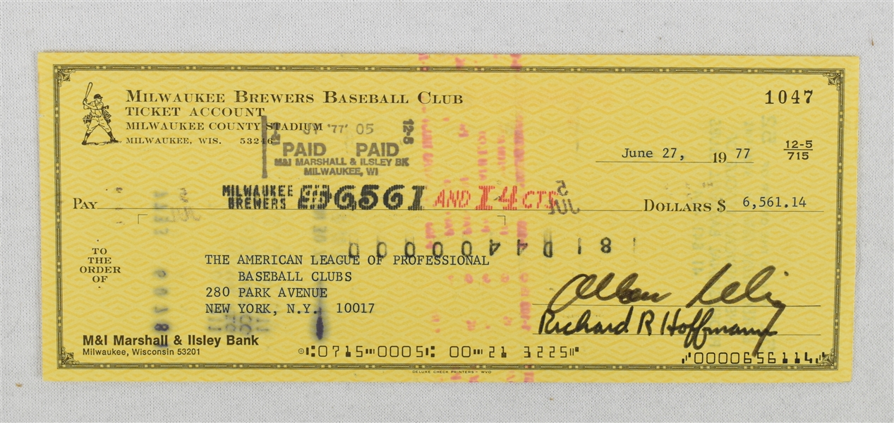 Bud Selig Autographed Milwaukee Brewers Team Check from 1977