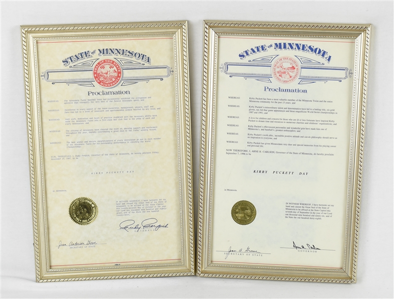 Lot of 2 Kirby Puckett Day Proclamations w/Puckett Family Provenance