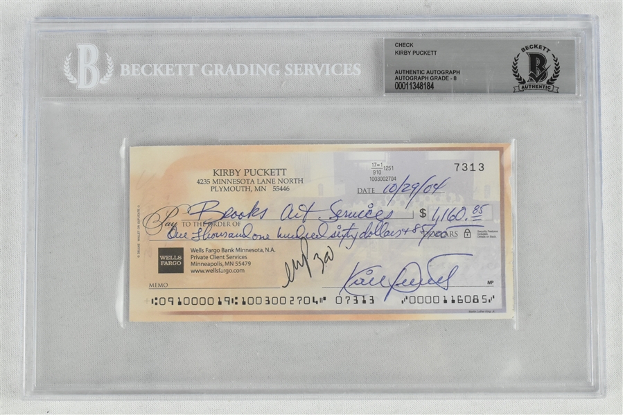 Kirby Puckett Signed Personal Check BGS Authenticated