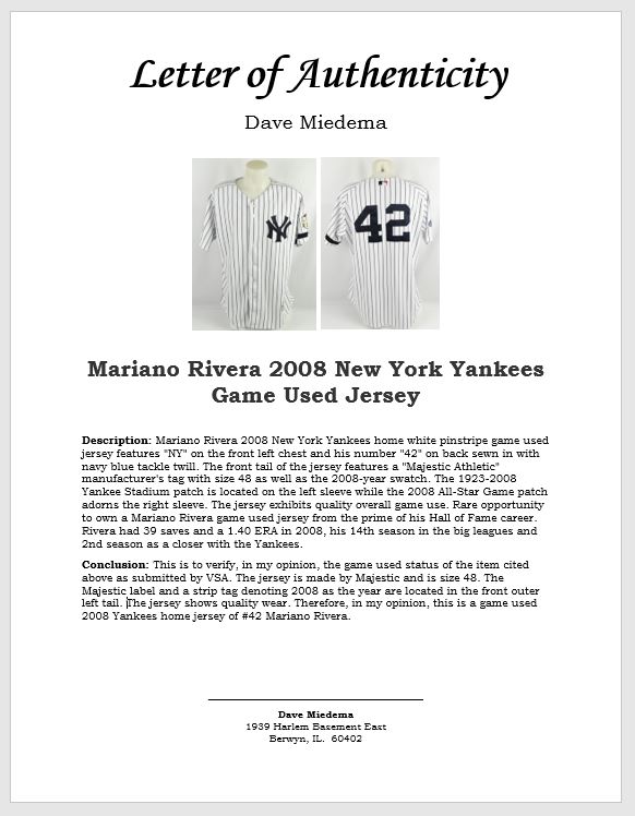Lot Detail - 2008 Mariano Rivera Game Worn and Signed Jersey From