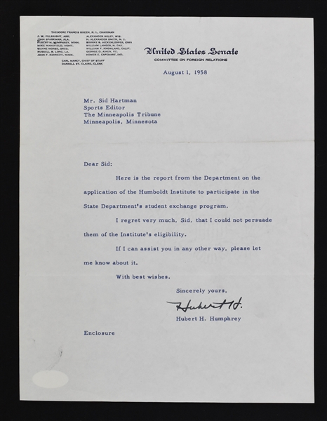 Hubert Humphrey Signed Letter to Sid Hartman