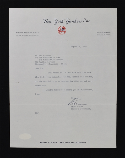 Bob Fishel & Bruce Henry New York Yankees Signed Letters to Sid Hartman