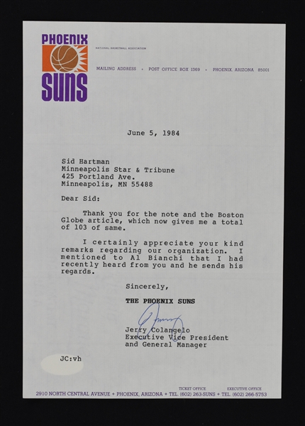 Jerry Colangelo Phoenix Suns Signed Letter to Sid Hartman