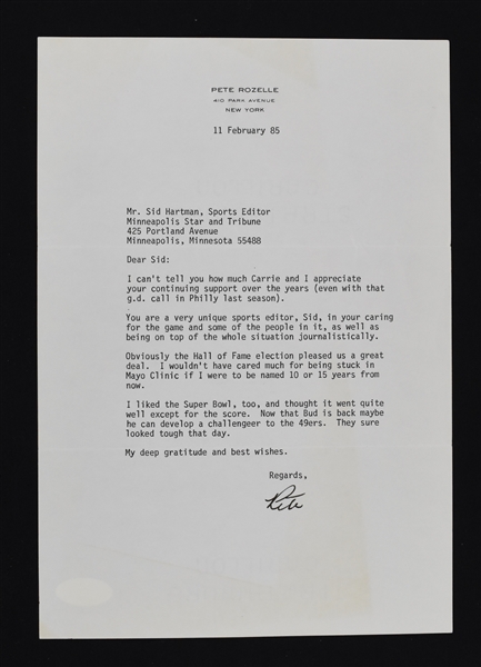 Pete Rozelle Signed Letter to Sid Hartman 