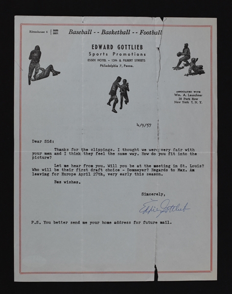 Eddie Gottlieb 1957 Signed Letter 